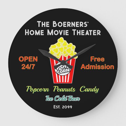 Family Home Movie Theater Open 24/7  ラージ壁時計 (正面)