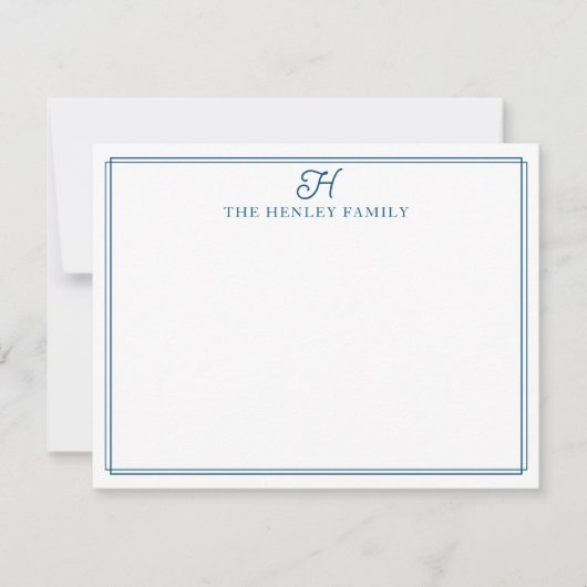 Family Initial Blue Border Monogram Stationery ノートカード (正面)