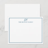 Family Initial Blue Border Monogram Stationery ノートカード (正面/裏面)