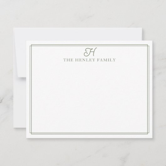Family Initial Green Border Monogram Stationery ノートカード (正面)