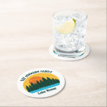 Family Lake House Cute Customized Sunset ラウンドペーパーコースター<br><div class="desc">Beautiful family lake house coaster featuring the pretty blue waters under the forest of trees and cool orange sunset. Cute camping trip keepsake souvenir for your nature outing or wilderness group.</div>