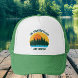 Family Lake Trip Cute Customized Sunset キャップ<br><div class="desc">Beautiful family lake vacation hats featuring the pretty blue waters under the forest of trees and cool orange sunset. Cute camping trip keepsake souvenir hat for your nature outing or wilderness group.</div>