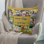 Family Life is the 最高の Life Ochre Blue 10写真 クッション<br><div class="desc">家族パーソナライズされたの引用文と10枚の写真を持つ写真のお気に入りの枕。「家族の読生活は生最高の活」と言う言葉は、好きな言葉もし「FAMILY」を編集できる(例えばママ/パパ/ビーチ)。この写真テンプレートは、写真を追加するために設定され、上から時計回りに動作離れ、スローガンをフレームするためにシンプル型枠グリッドスタイルの写真コラージュをする。デザインは黄金の黄金色と青で手のレタリングとはっきりしたタイポグラフィ。他の色の選択は私の店を参照してクリックください – または、「更にカスタマイズ」あなたの自分の色や助けをメッセージ私を選択する。</div>