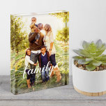 Family Love White Script Custom Vertical フォトブロック<br><div class="desc">Modern and stylish custom vertical tabletop photo block features a favorite photo with a minimal "family" typography overlay design that includes elegant flourish and heart details. The white text color can be modified.</div>