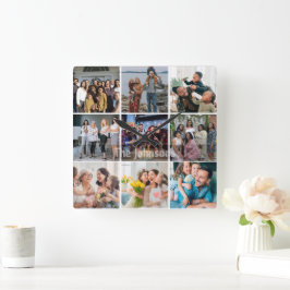 Family Memories 9 Photo Grid Personalized Collage スクエア壁時計