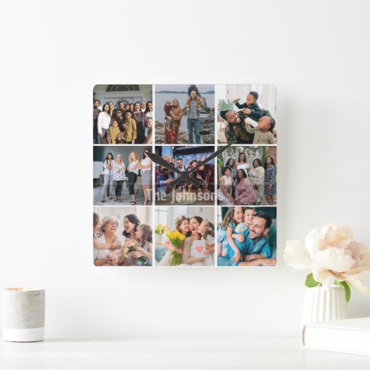 Family Memories 9 Photo Grid Personalized Collage スクエア壁時計 (ホーム)