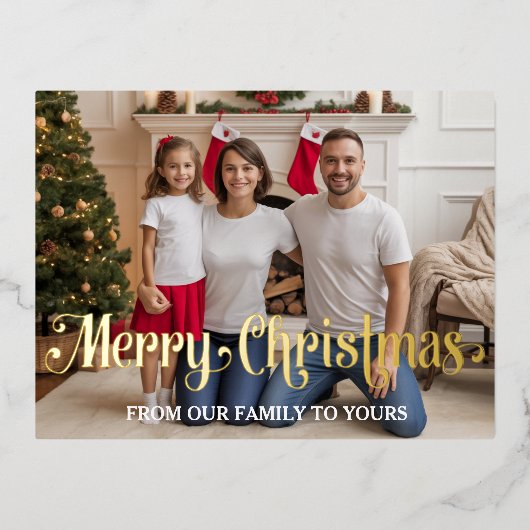 Family Modern  Photo Foil Holiday, Christmas Card 箔シーズンポストカード (正面)
