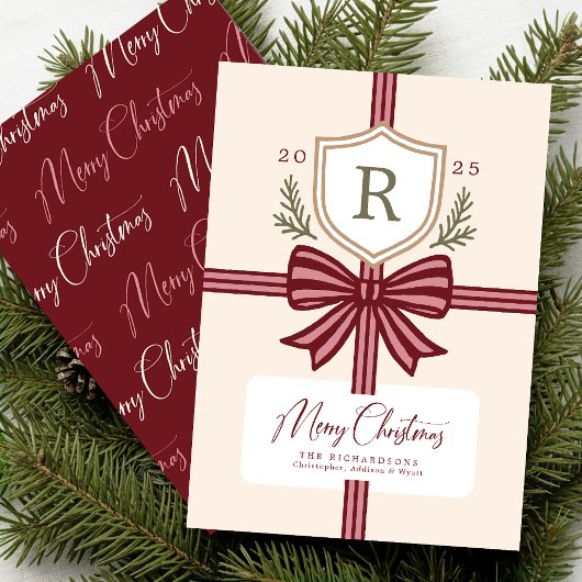 Family Monogram Bow Rustic Non-Photo Holiday Card シーズンカード