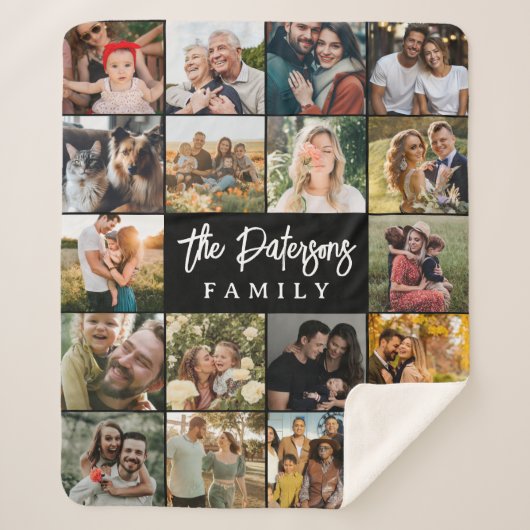 Family Name 18 Photo Collage Modern Elegant Black シェルパブランケット (正面)