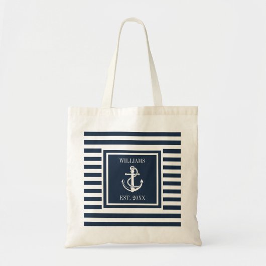 Family Name Nautical Boat Anchor Navy Blue Stripe トートバッグ (正面)