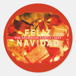 Family Name Red Gold Feliz Navidad Christmas ラウンドシール