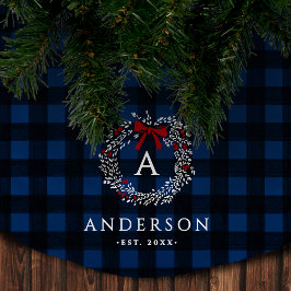 Family Name Rustic Holiday Wreath Buffalo Plaid ブラッシュドポリエステルツリースカート