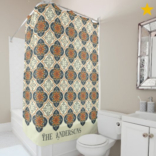 Family Name Spanish Tiles Flower Pattern Azulejos  シャワーカーテン