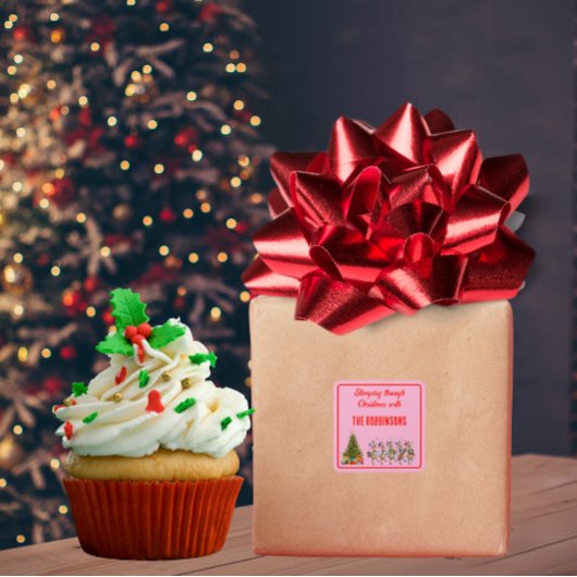 Family Name Whimsical Christmas Marching Reindeer  スクエアシール