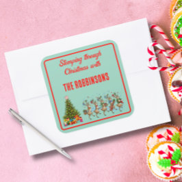 Family Name Whimsical Christmas Marching Reindeer  スクエアシール