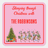 Family Name Whimsical Christmas Marching Reindeer  スクエアシール (正面)
