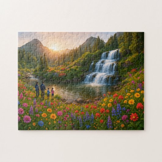 Family Nature Puzzle – Mountain Waterfall Sunrise ジグソーパズル (横)
