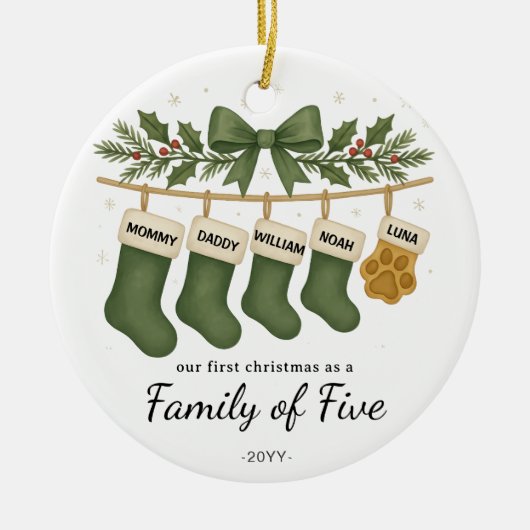 Family of Five Stockings – Green Holly セラミックオーナメント (正面)