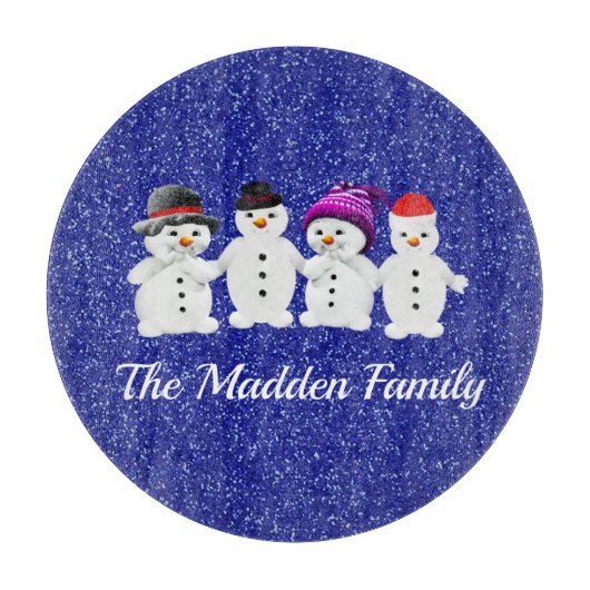Family of Four Snowmen Blue Sparkle Winter   カッティングボード (正面)