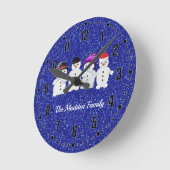 Family of Four Snowmen Blue Sparkle Winter Round P ラウンド壁時計 (傾斜)