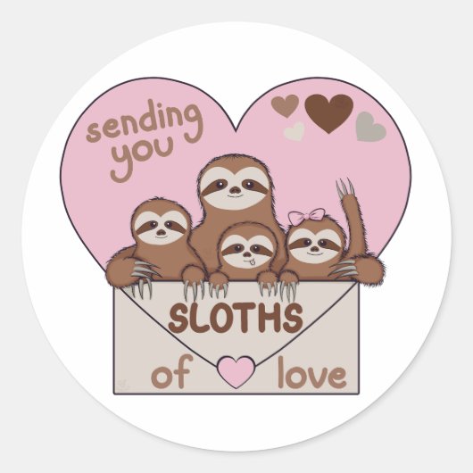 Family of Sloths with Envelope, Heart and Text ラウンドシール (正面)