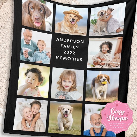 Family Personalized 11 Photo Collage Modern Black シェルパブランケット