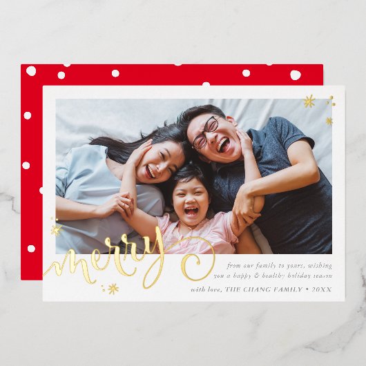 FAMILY PHOTOかわいいお洒落書道のメリー金ゴールド 箔シーズンカード (正面/裏面)