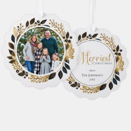 Family Photo Black Gold Wreath Merriest Christmas オーナメントカード