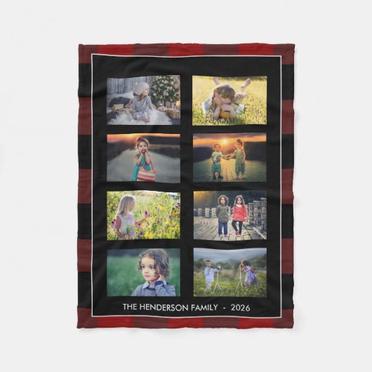 Family photo collage buffalo plaid personal  フリースブランケット (正面)