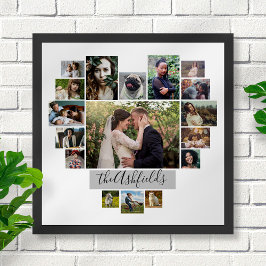Family Photo Collage Heart 17 Pictures Name White ポスター