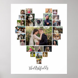 Family Photo Collage Heart 25 Pictures Name White ポスター