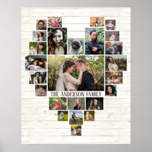 Family Photo Collage Name In Heart 25 Pics Lt Wood ポスター