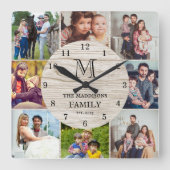 Family Photo Collage Rustic Farmhouse Monogram スクエア壁時計 (正面)