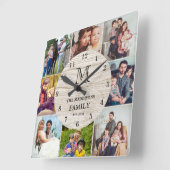 Family Photo Collage Rustic Farmhouse Monogram スクエア壁時計 (傾斜)