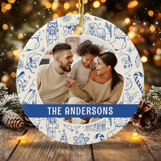 Family Photo Doodle Blue Christmas セラミックオーナメント