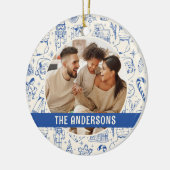 Family Photo Doodle Blue Christmas セラミックオーナメント (左)