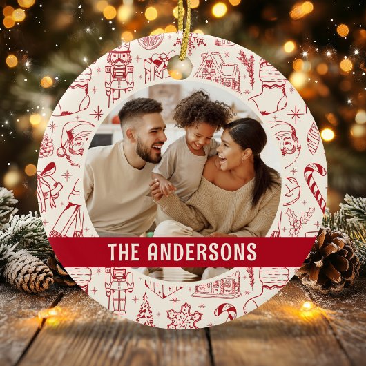 Family Photo Doodle Red Christmas セラミックオーナメント