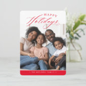 FAMILY PHOTO Happy Holidaysかわいい書道赤 シーズンカード (スタンド正面)