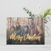Family Photo Merry Christmas Gold Script Beige シーズンカード (スタンド正面)