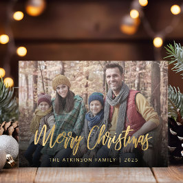 Family Photo Merry Christmas Gold Script Beige シーズンカード