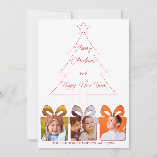 Family Photo Minimalist Red Line Christmas Tree シーズンカード (正面)