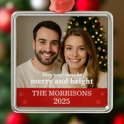  Family Photo Modern Red and Gold Snowflake メタルオーナメント