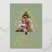 Family photo pine tree gold script green real  箔招待状 (正面)