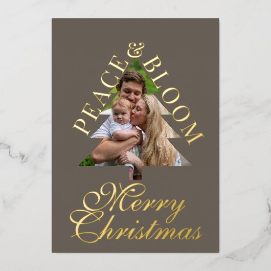 Family photo pine tree script gray gold real  箔招待状 (正面)