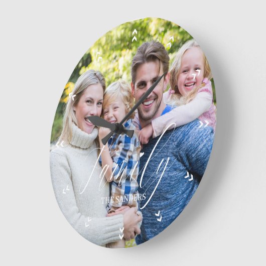 Family Photo with Modern Script Typography ラージ壁時計 (傾斜)