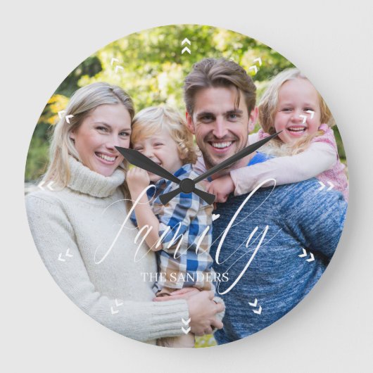 Family Photo with Modern Script Typography ラージ壁時計 (正面)