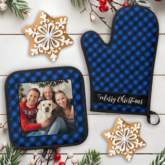Family PhotoPersonalized Christmas Blue Plaid 鍋つかみ&鍋敷きセット