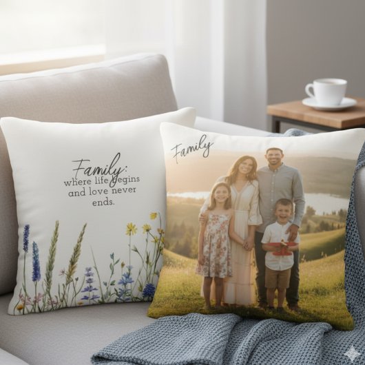 Family Quote Wildflower Botanical Photo Keepsake クッション
