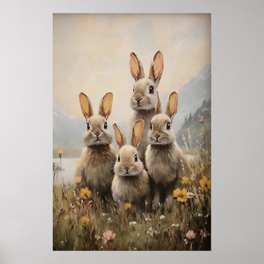 Family Rabbits Print, Easter Spring Bunny Painting ポスター (正面)
