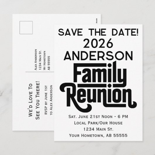 Family Reunion Modern Black White Save The Date シーズンポストカード (正面/裏面)